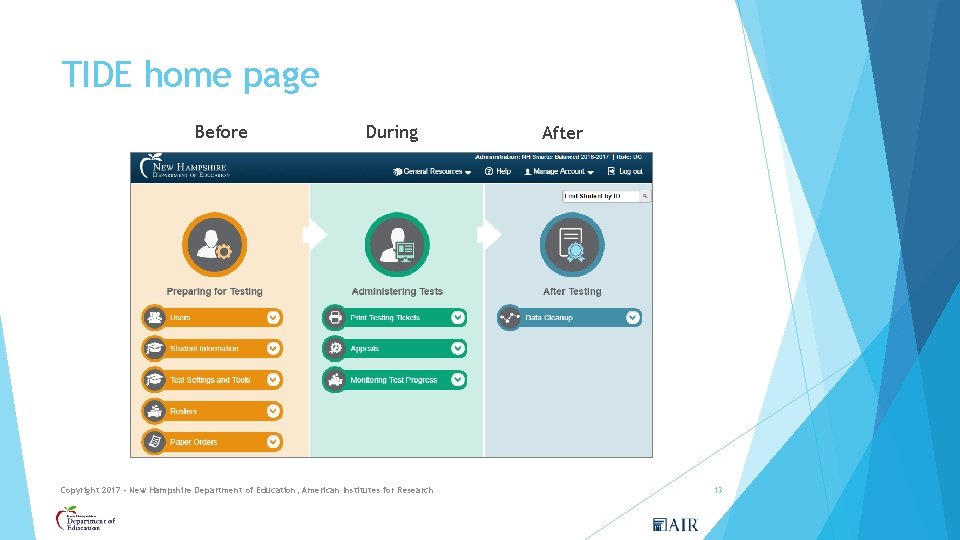 TIDE home page Before During Copyright 2017 - New Hampshire Department of Education, American