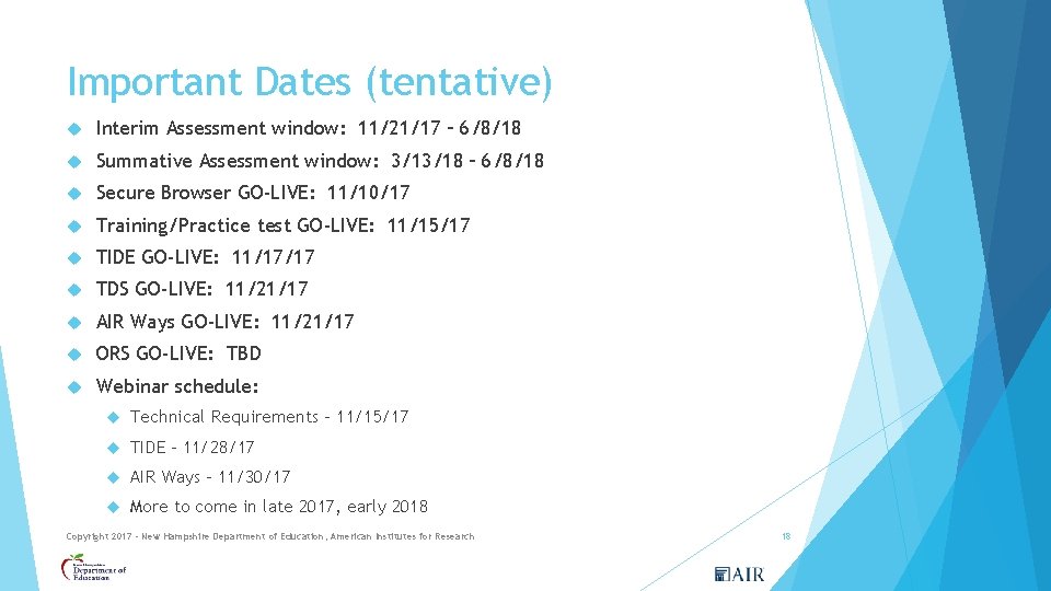 Important Dates (tentative) Interim Assessment window: 11/21/17 – 6/8/18 Summative Assessment window: 3/13/18 –