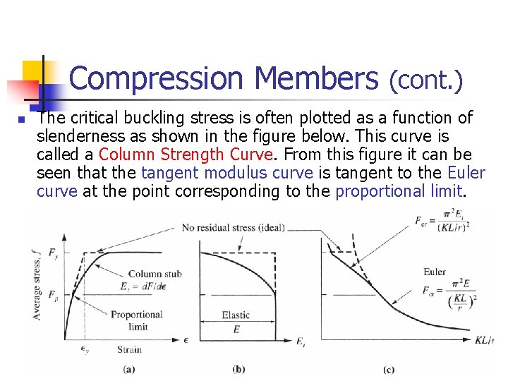 Compression Members (cont. ) n The critical buckling stress is often plotted as a