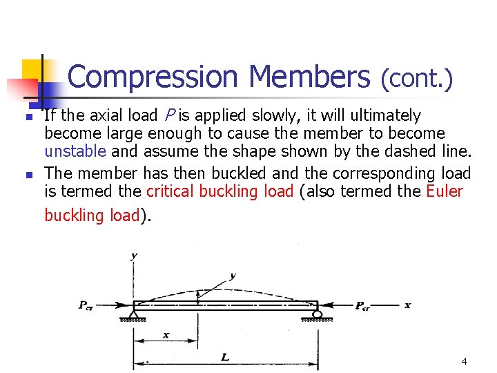 Compression Members (cont. ) n n If the axial load P is applied slowly,