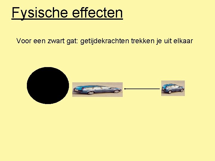 Fysische effecten Voor een zwart gat: getijdekrachten trekken je uit elkaar Fysische effecten Voor een zwart gat: getijdekrachten trekken je uit elkaar