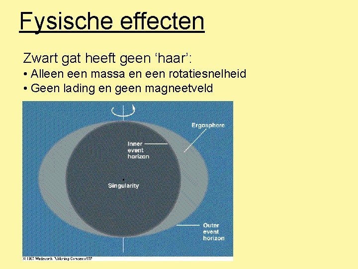 Fysische effecten Zwart gat heeft geen ‘haar’: • Alleen massa en een rotatiesnelheid • Fysische effecten Zwart gat heeft geen ‘haar’: • Alleen massa en een rotatiesnelheid •