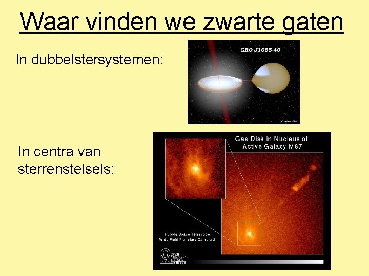 Waar vinden we zwarte gaten In dubbelstersystemen: In centra van sterrenstelsels: 