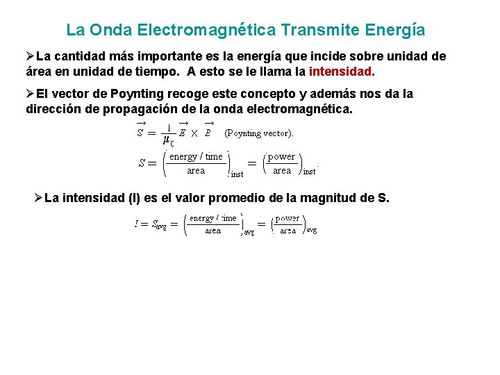 La Onda Electromagnética Transmite Energía ØLa cantidad más importante es la energía que incide