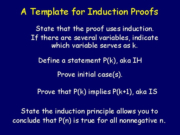 A Template for Induction Proofs State that the proof uses induction. If there are