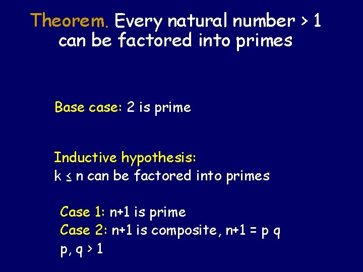 Theorem. Every natural number > 1 can be factored into primes Base case: 2