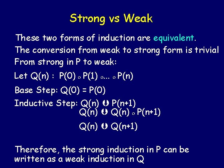 Strong vs Weak These two forms of induction are equivalent. The conversion from weak