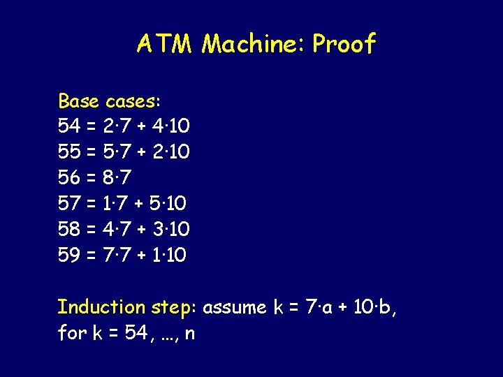 ATM Machine: Proof Base cases: 54 = 2· 7 + 4· 10 55 =