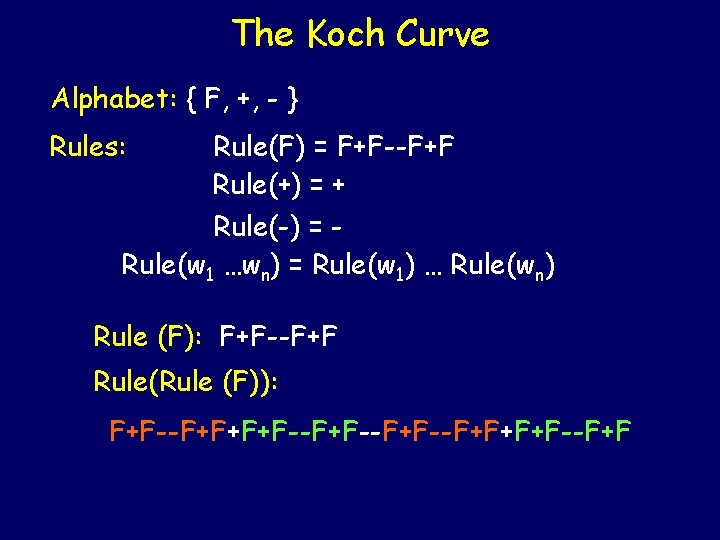 The Koch Curve Alphabet: { F, +, - } Rules: Rule(F) = F+F--F+F Rule(+)