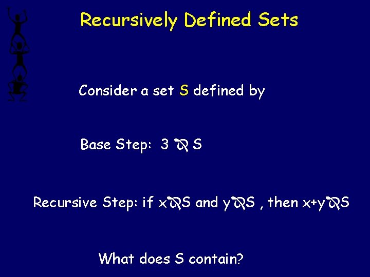 Recursively Defined Sets Consider a set S defined by Base Step: 3 S Recursive