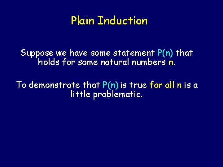 Plain Induction Suppose we have some statement P(n) that holds for some natural numbers