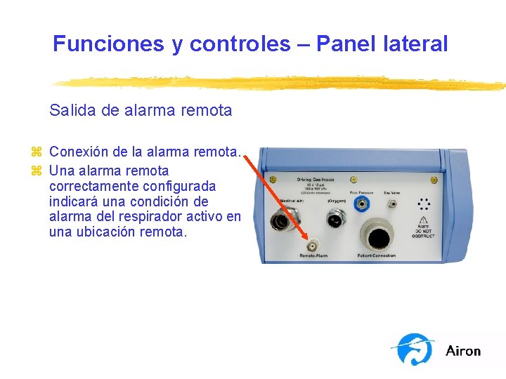 Funciones y controles – Panel lateral Salida de alarma remota z Conexión de la