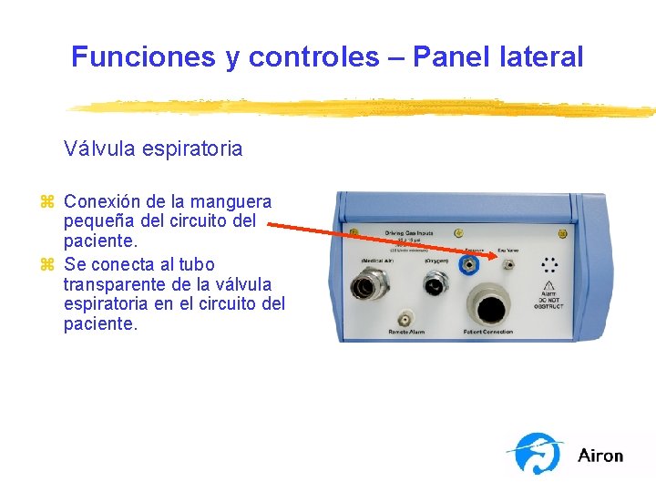 Funciones y controles – Panel lateral Válvula espiratoria z Conexión de la manguera pequeña