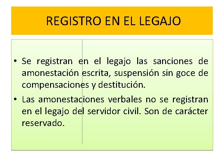 REGISTRO EN EL LEGAJO • Se registran en el legajo las sanciones de amonestación