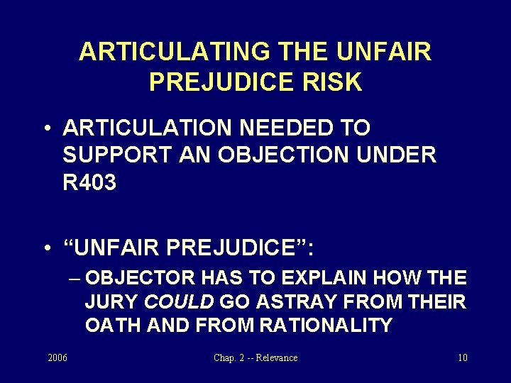 ARTICULATING THE UNFAIR PREJUDICE RISK • ARTICULATION NEEDED TO SUPPORT AN OBJECTION UNDER R