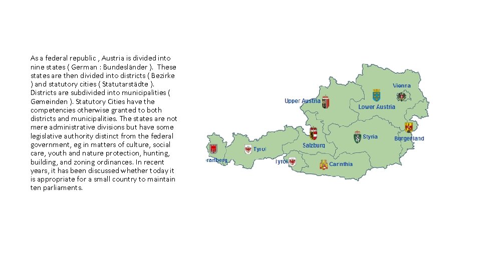 As a federal republic , Austria is divided into nine states ( German :