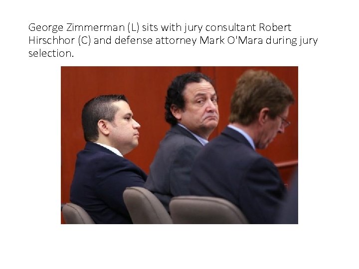 George Zimmerman (L) sits with jury consultant Robert Hirschhor (C) and defense attorney Mark