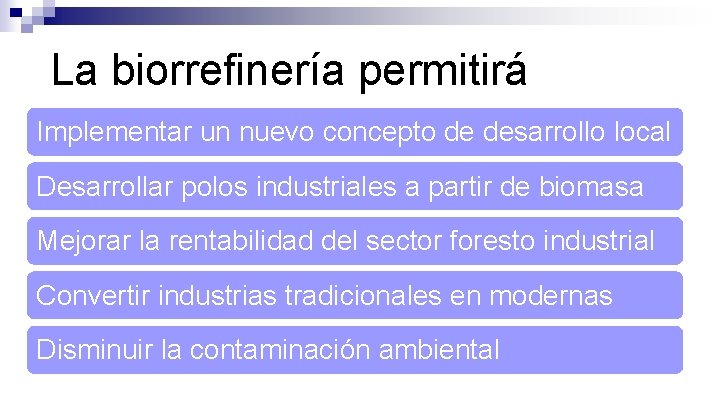 La biorrefinería permitirá Implementar un nuevo concepto de desarrollo local Desarrollar polos industriales a