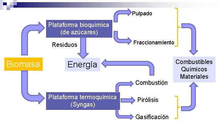 Pulpado Plataforma bioquímica (de azúcares) Residuos Biomasa Fraccionamiento Energía Combustión Plataforma termoquímica (Syngas) Pirólisis