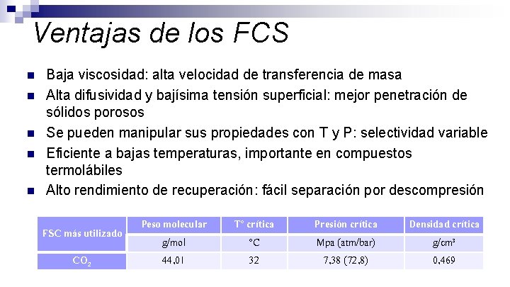 Ventajas de los FCS n n n Baja viscosidad: alta velocidad de transferencia de