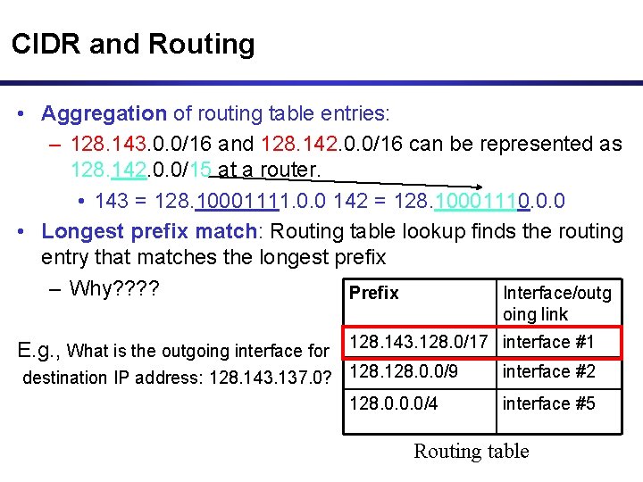 CIDR and Routing • Aggregation of routing table entries: – 128. 143. 0. 0/16 CIDR and Routing • Aggregation of routing table entries: – 128. 143. 0. 0/16