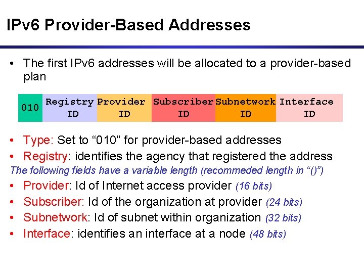 IPv 6 Provider-Based Addresses • The first IPv 6 addresses will be allocated to IPv 6 Provider-Based Addresses • The first IPv 6 addresses will be allocated to