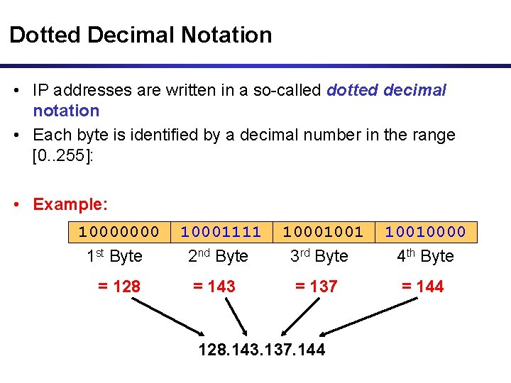 Dotted Decimal Notation • IP addresses are written in a so-called dotted decimal notation Dotted Decimal Notation • IP addresses are written in a so-called dotted decimal notation