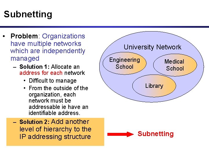 Subnetting • Problem: Organizations have multiple networks which are independently managed – Solution 1: Subnetting • Problem: Organizations have multiple networks which are independently managed – Solution 1: