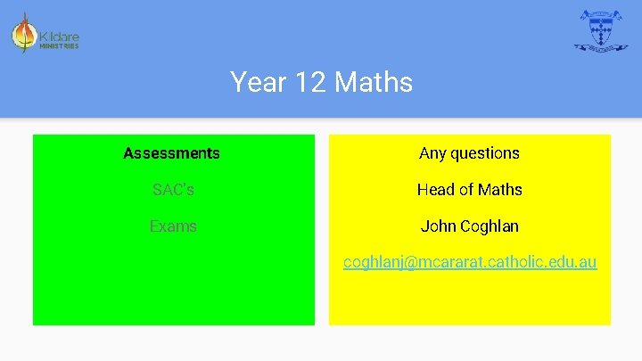 Year 12 Maths Assessments Any questions SAC’s Head of Maths Exams John Coghlan coghlanj@mcararat.