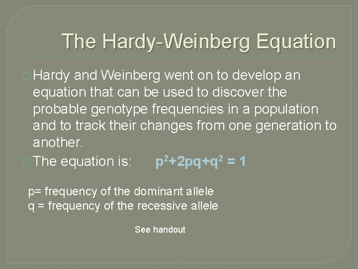 The Hardy-Weinberg Equation � Hardy and Weinberg went on to develop an equation that