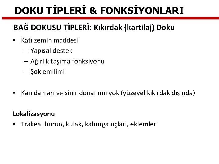 DOKU TİPLERİ & FONKSİYONLARI BAĞ DOKUSU TİPLERİ: Kıkırdak (kartilaj) Doku • Katı zemin maddesi