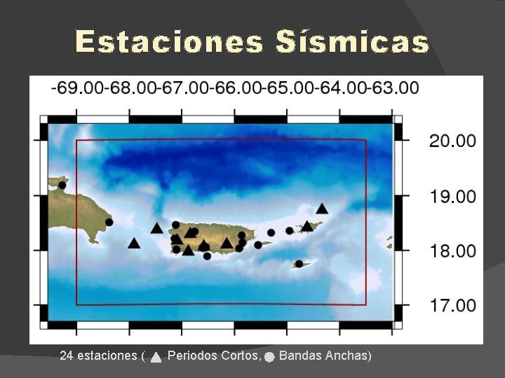 Estaciones Sísmicas 24 estaciones ( Periodos Cortos, Bandas Anchas) 
