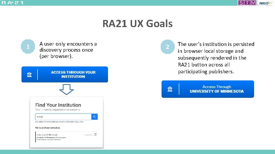 RA 21 UX Goals 1 A user only encounters a discovery process once (per