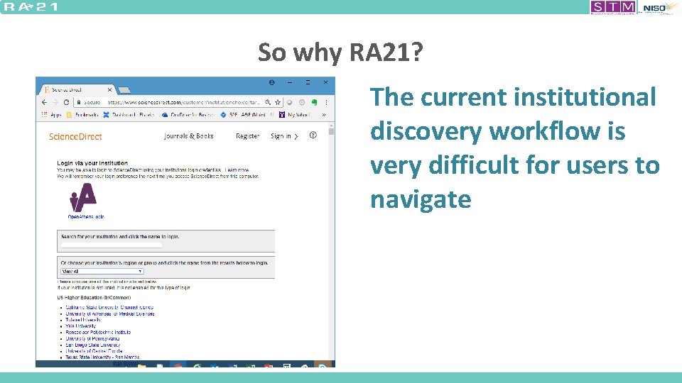 So why RA 21? The current institutional discovery workflow is very difficult for users