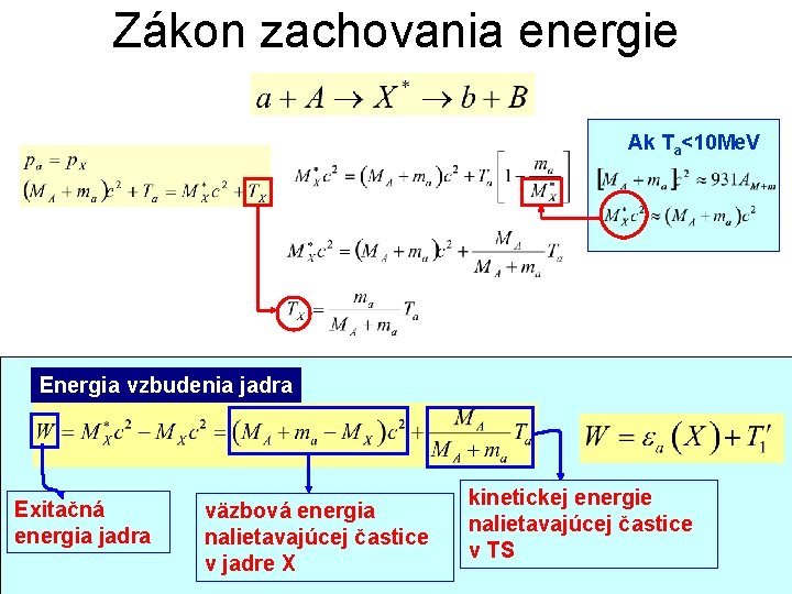 Zákon zachovania energie Ak Ta<10 Me. V Energia vzbudenia jadra Exitačná energia jadra väzbová