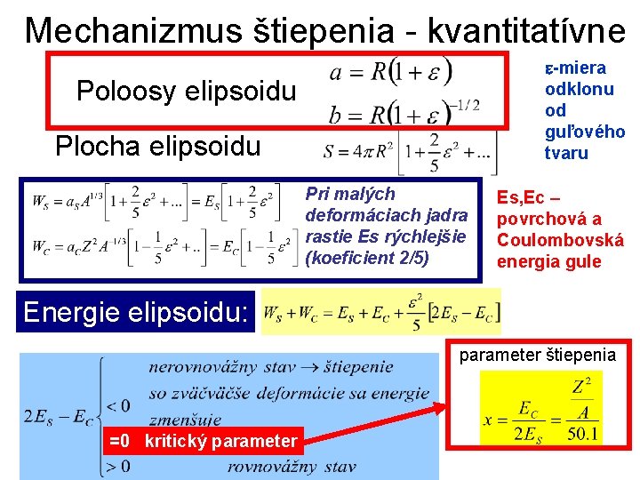 Mechanizmus štiepenia - kvantitatívne -miera odklonu od guľového tvaru Poloosy elipsoidu Plocha elipsoidu Pri Mechanizmus štiepenia - kvantitatívne -miera odklonu od guľového tvaru Poloosy elipsoidu Plocha elipsoidu Pri