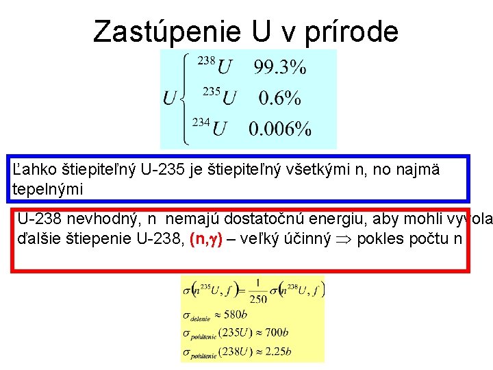 Zastúpenie U v prírode Ľahko štiepiteľný U-235 je štiepiteľný všetkými n, no najmä tepelnými