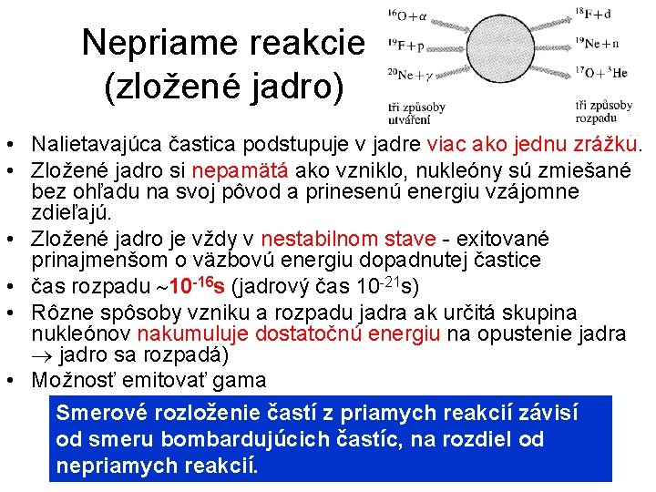 Nepriame reakcie (zložené jadro) • Nalietavajúca častica podstupuje v jadre viac ako jednu zrážku.