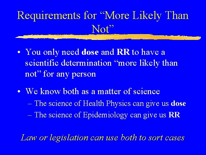 Requirements for “More Likely Than Not” • You only need dose and RR to