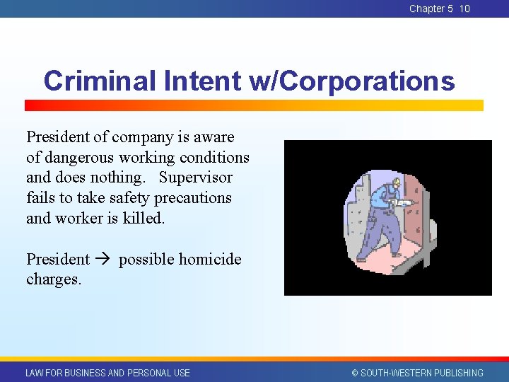 Chapter 5 10 Criminal Intent w/Corporations President of company is aware of dangerous working Chapter 5 10 Criminal Intent w/Corporations President of company is aware of dangerous working