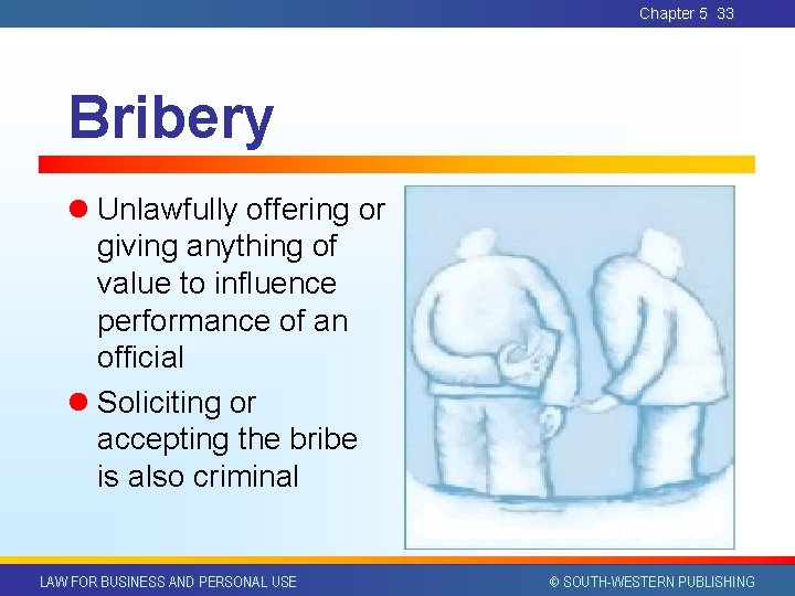 Chapter 5 33 Bribery l Unlawfully offering or giving anything of value to influence Chapter 5 33 Bribery l Unlawfully offering or giving anything of value to influence