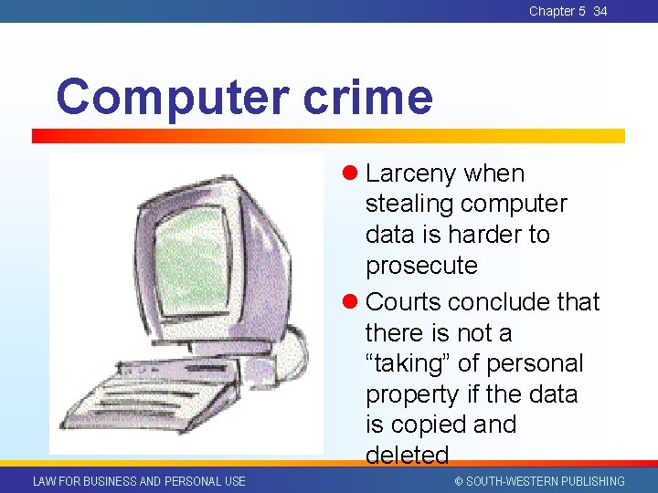 Chapter 5 34 Computer crime l Larceny when stealing computer data is harder to Chapter 5 34 Computer crime l Larceny when stealing computer data is harder to