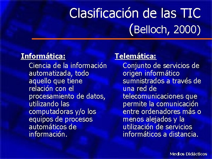 Clasificación de las TIC (Belloch, 2000) Informática: Telemática: Ciencia de la información Conjunto de