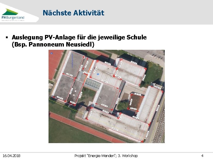 Nächste Aktivität § Auslegung PV-Anlage für die jeweilige Schule (Bsp. Pannoneum Neusiedl) 16. 04.
