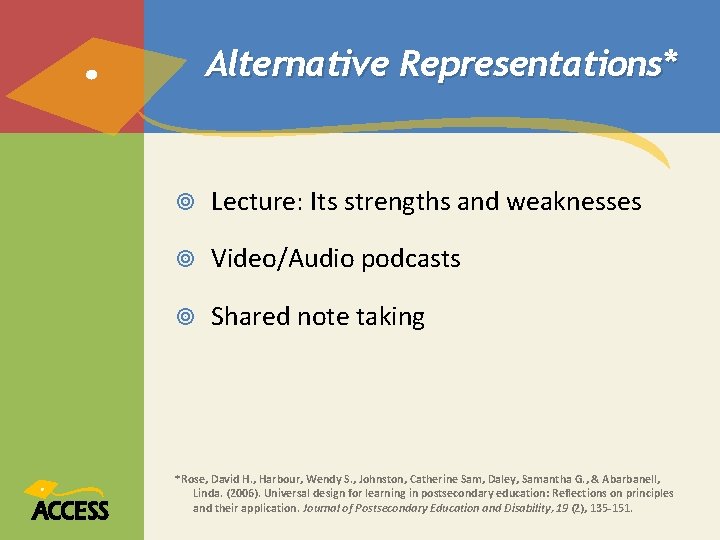Alternative Representations* Lecture: Its strengths and weaknesses Video/Audio podcasts Shared note taking *Rose, David