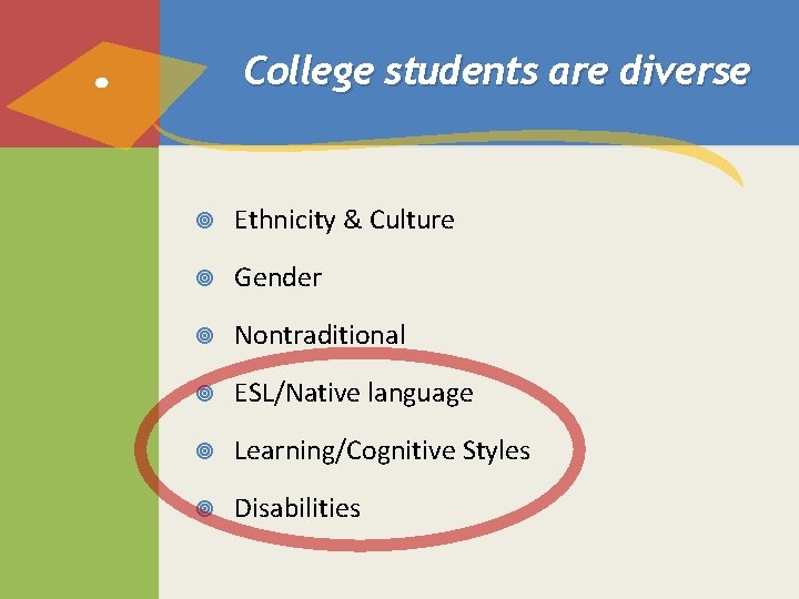 College students are diverse Ethnicity & Culture Gender Nontraditional ESL/Native language Learning/Cognitive Styles Disabilities