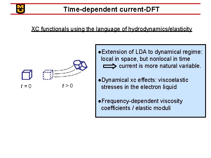 Time-dependent current-DFT XC functionals using the language of hydrodynamics/elasticity ●Extension of LDA to dynamical