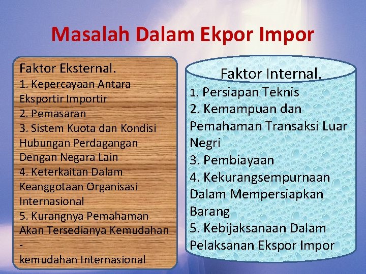 Masalah Dalam Ekpor Impor Faktor Eksternal. 1. Kepercayaan Antara Eksportir Importir 2. Pemasaran 3. Masalah Dalam Ekpor Impor Faktor Eksternal. 1. Kepercayaan Antara Eksportir Importir 2. Pemasaran 3.