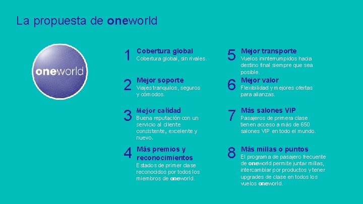 La propuesta de oneworld 1 Cobertura global 2 Mejor soporte 3 Mejor calidad 4