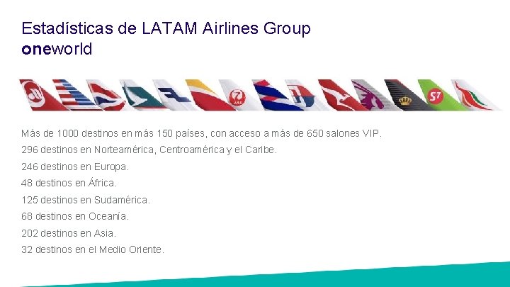 Estadísticas de LATAM Airlines Group oneworld Más de 1000 destinos en más 150 países,